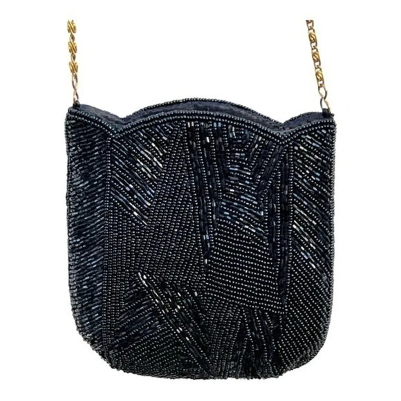 Beaded Evening Bag Purse Tulip‎ Edge Long Goldtone Chain Prom Wedding Fl… - Picture 1 of 6